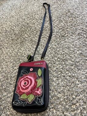 Chala Black Crossbody Phone Bag with Pink Floral Applique